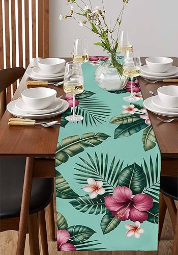 Miniatura 4 de Greeeen Camino de mesa de lino y algodón caminos de mesa de cocina tropicales para cena familiar banquetes fiestas y celebraciones hibisco hamabo