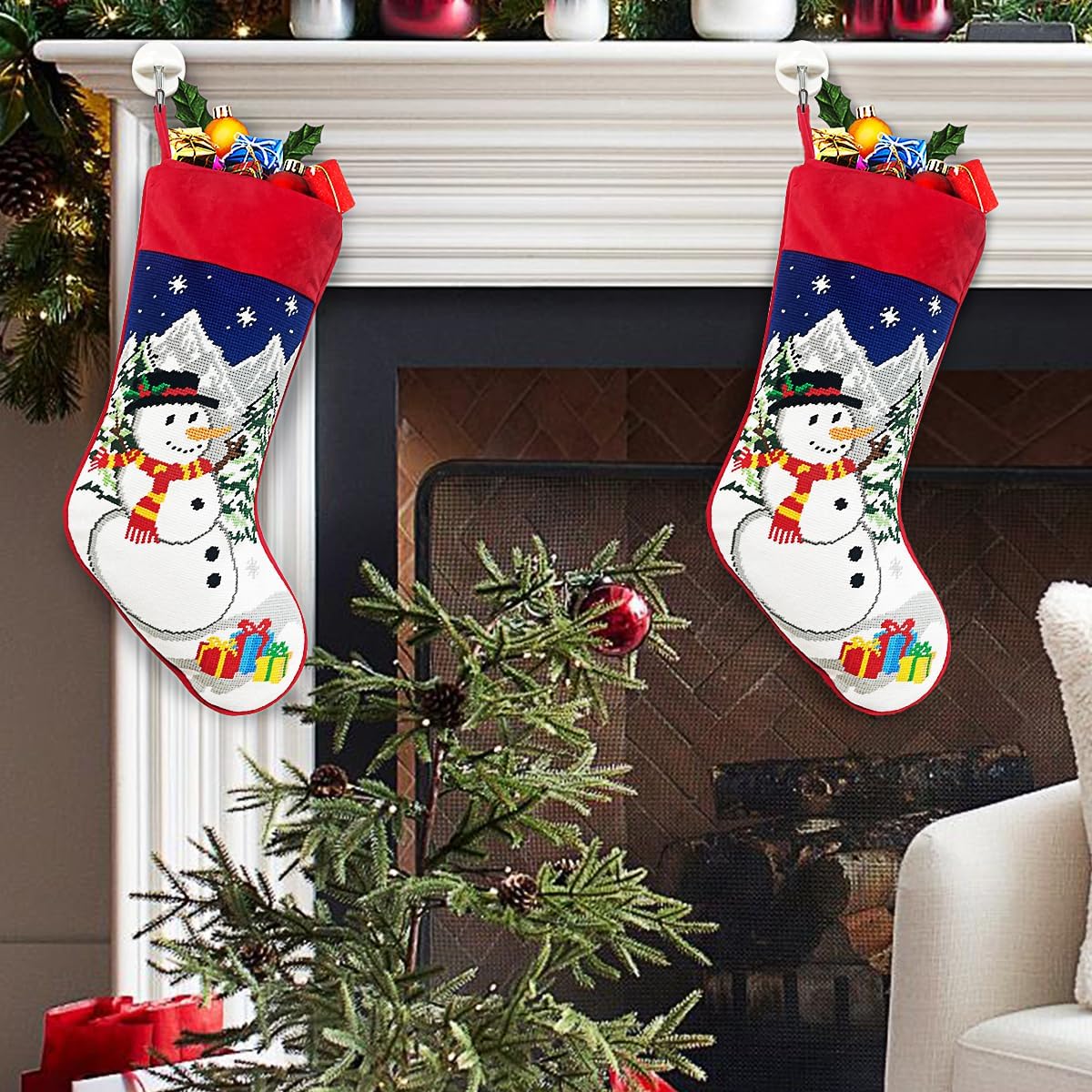 Needlepoint Christmas Stockings, 18 Inches Vintage Xmas Stocking with Personalized Name Tag, Embroidered Snowman Design, Old-Fashioned Christmas Holiday Party Gift Family Decoration