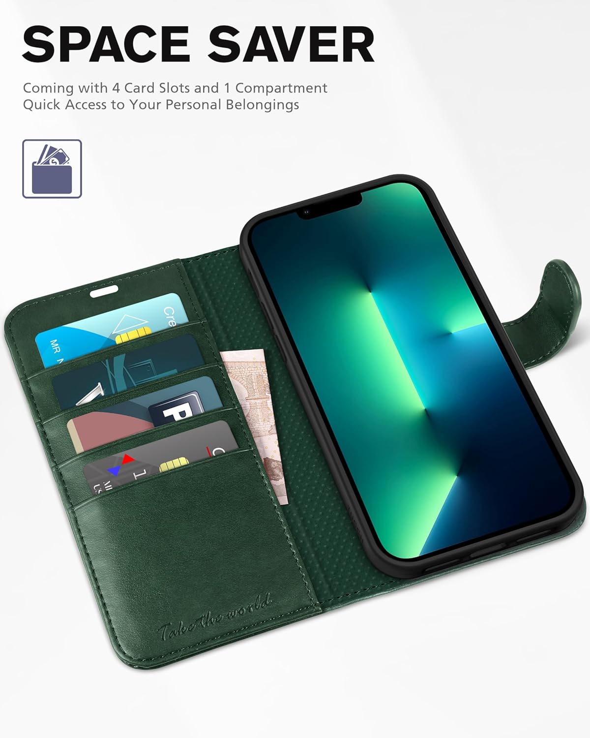 TUCCH Wallet Case for iPhone 13 Pro Max 5G, RFID Blocking Card Slot Stand [Shockproof TPU Interior Case], PU Leather Magnetic Protect Flip Cover Compatible with iPhone 13 Pro Max 6.7", Midnight Green
