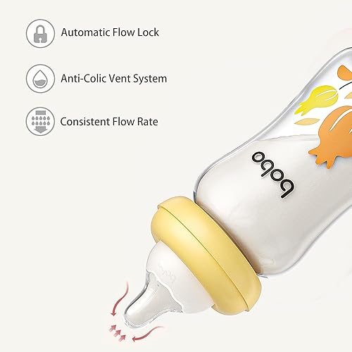 Miniatura 5 de YOHKOH Biberón de vidrio natural con pezón de respuesta natural, biberones anticólicos para recién nacidos, biberón con tapa de hongo de cuello