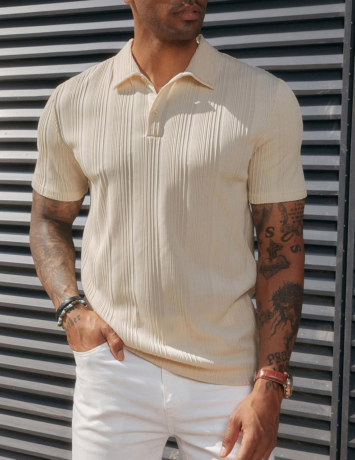 PJ PAUL JONES Mens Textured Knit Polo Shirts Regular Fit Stretchy Golf Shirts - Image 2