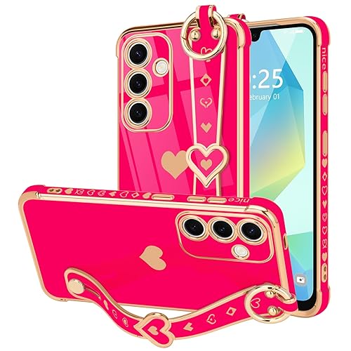 LLZ.COQUE for Samsung Galaxy A16 4G/5G Case Cute Love-Heart Plating Strap Phone Cover for Women Girls Bling Silicone Camera Protection Bumper Shockproof Phone Case for Galaxy A16 4G/5G (6.7")-Hot Pink - Samsung Galaxy A16 4G/5G - Hot Pink