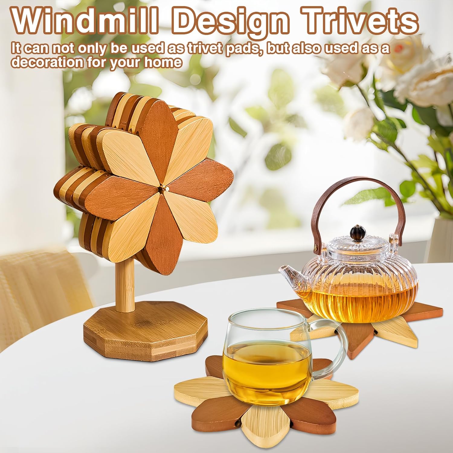 Wooden Trivets for Hot Dishes, Set of 5 Heat-Resistant Coasters with Stand Decorative Windmill Shape Trivets Kitchen Wooden Tree Coasters for Hot Bowl&Teapot