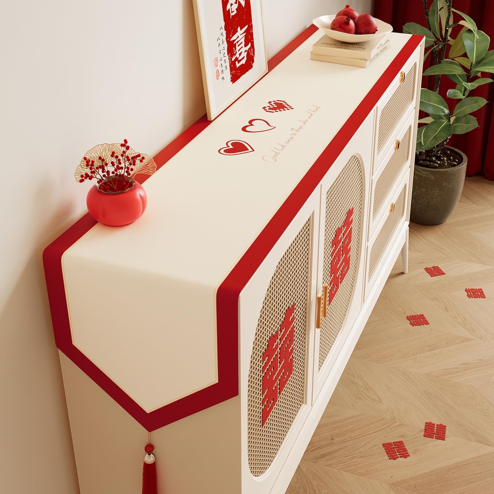 Tischläufer Polyester Modern, Tischläufer Landhausstil 30x240 cm, Leinenoptik mit Herzmuster