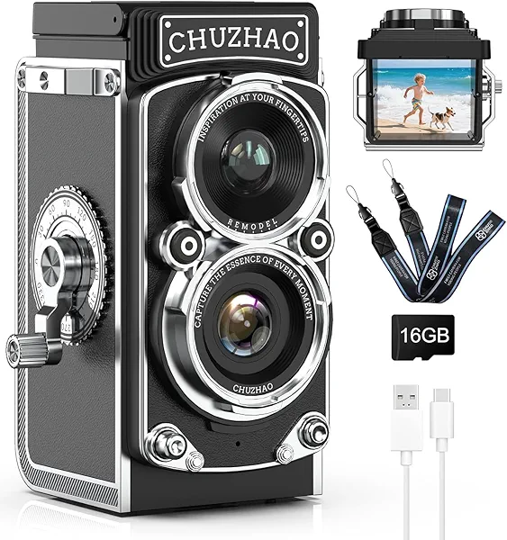 CHUZHAO Retro TLR Style Digital Camera, Vintage Mini Point and Shoot with 1080P FHD Video, 12MP Autofocus, Pocket Travel Camera with 16GB Card, Gift for Kids Teens Adults