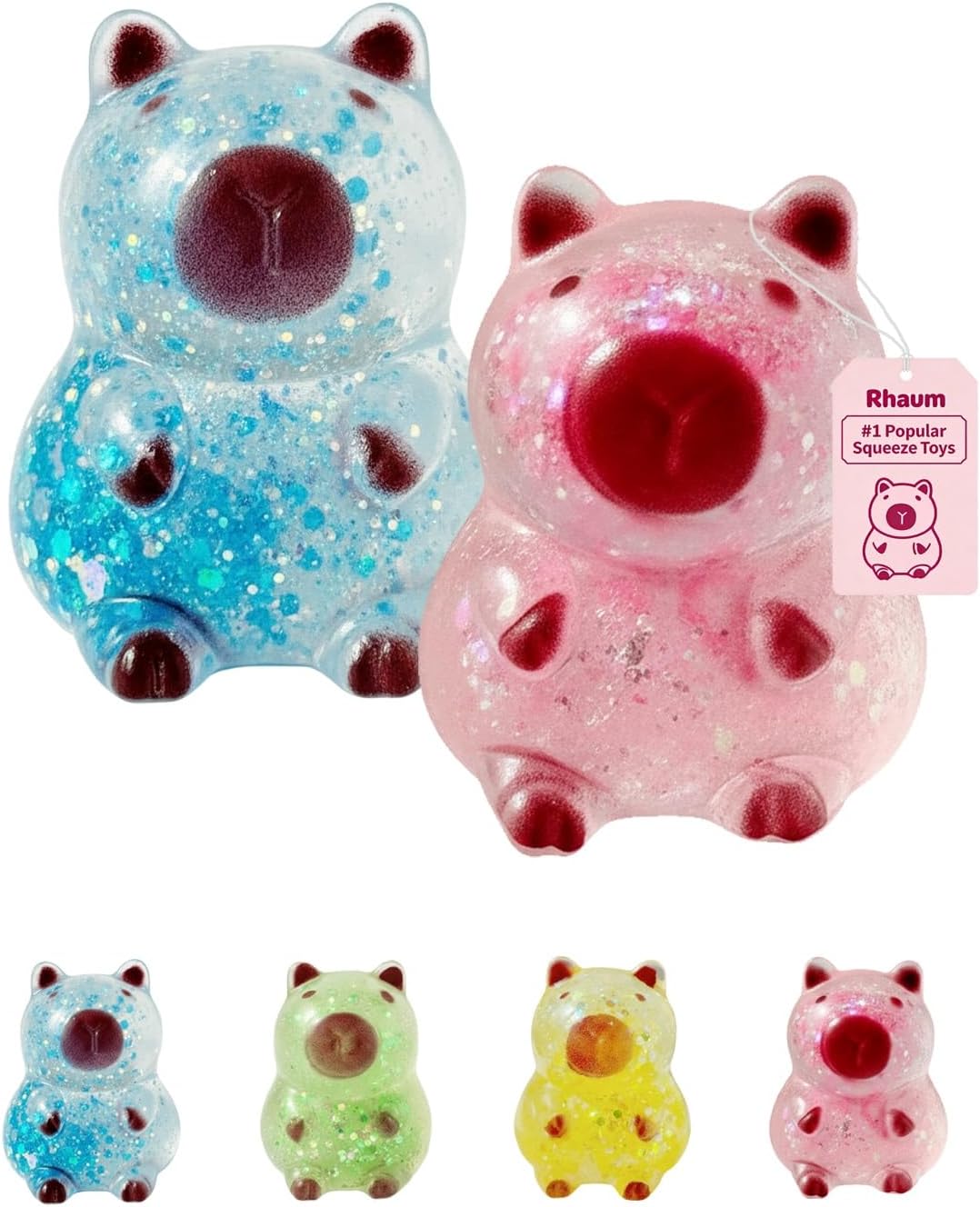 Capybara Squishy Glitter, Sparkly Slow Rising Stress Relief Toy for Adults, Soft TPR Fidget Squeeze Animal with Shimmer, Cute Sensory Desk Decor for Easter Basket Stuffer Gift(Blue+Pink)