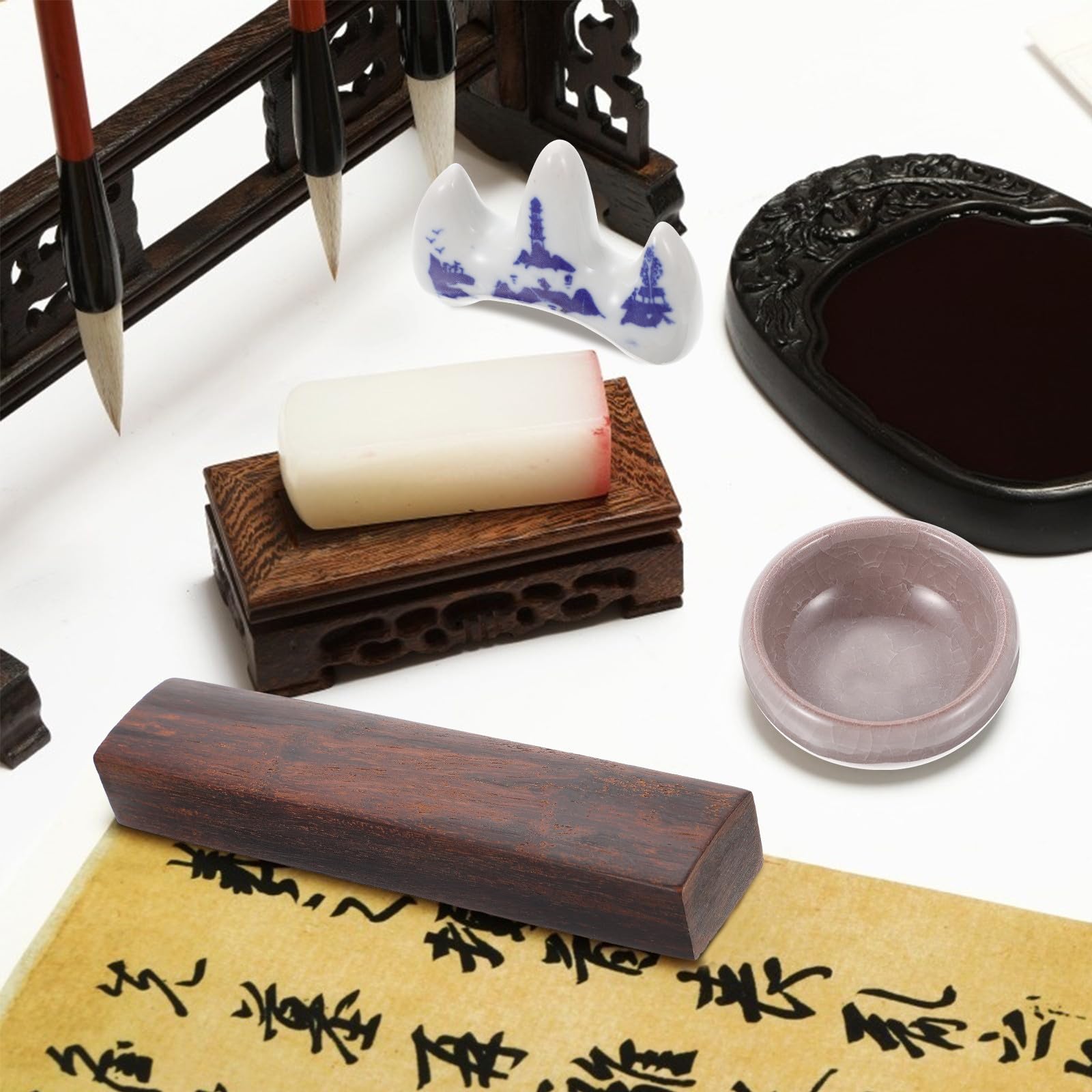 Kichvoe Kit de Caligrafía China Piedra de Tinta, Pincel y Pisapapeles