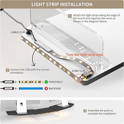 Miniatura 5 de Soporte elevador LED de doble monitor para 2 monitores, soporte de madera de escritorio de oficina, longitud y ángulo ajustables, 3 estantes,