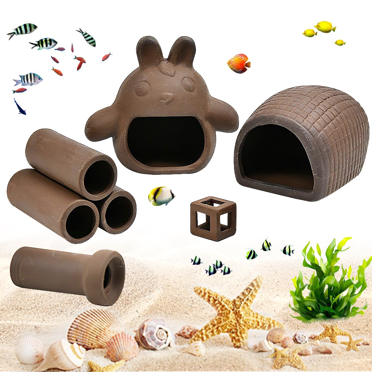 Lot De 5 Caches Et Grotte Aquarium en Argile Violette Décoration Naturelle Poisson-Chat Abri en Céramique Forme Torii Rouleau De Terre Petit Cube Cachette Aquarium