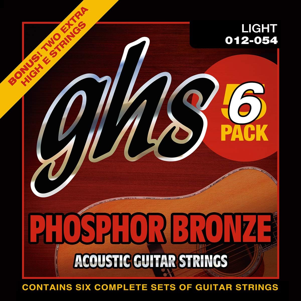 GHS StringsPhosphor Bronze Acoustic Guitar Strings – Warm, Rich Tone, Balanced & Long-Lasting - For Acoustic, Fingerstyle, Strumming, Country, Rock, S325 Set (L) Light Gauge 13-56, 6 PACK