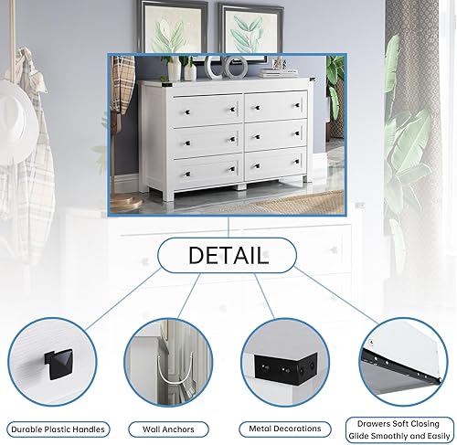 Miniatura 6 de HUANLEGO Cómoda blanca para dormitorio con 6 cajones, cómoda moderna, cajones de almacenamiento anchos rústicos de madera para armario, sala de