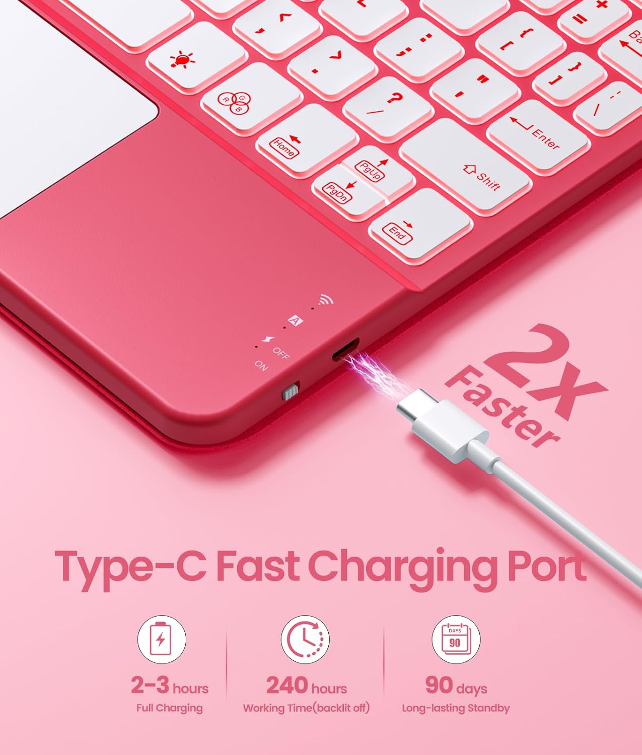 Harvopu for iPad 10th/11th Generation A16 Case with Keyboard, 360 Rotation Detachable Cover with Pencil Holder, Multi-Touch Trackpad, 7 Colors Backlit Keyboard for iPad (A16)/10th Gen (Pink)
