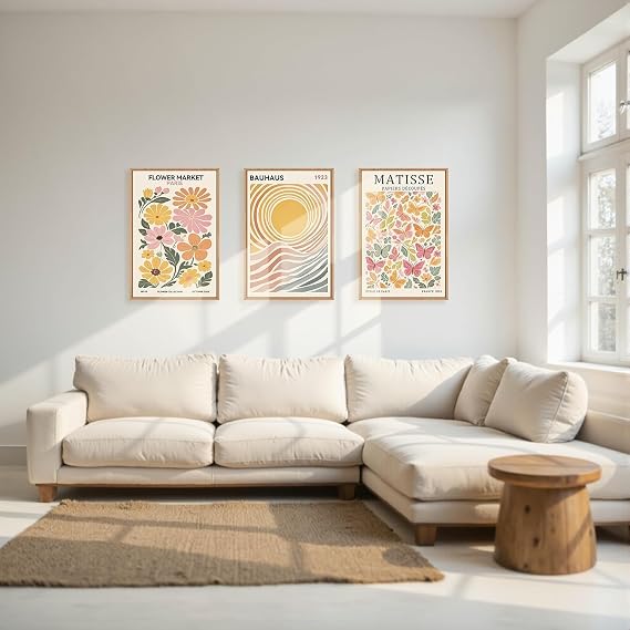 TOARTi Boho Flower Market Framed Canvas Wall Art Set, Matisse Floral Wall Decor, Abstract Botanical Wall Painting, Nature Floral Illustration Art Prints for Living Room, Bedroom, Office 12x16inchx3