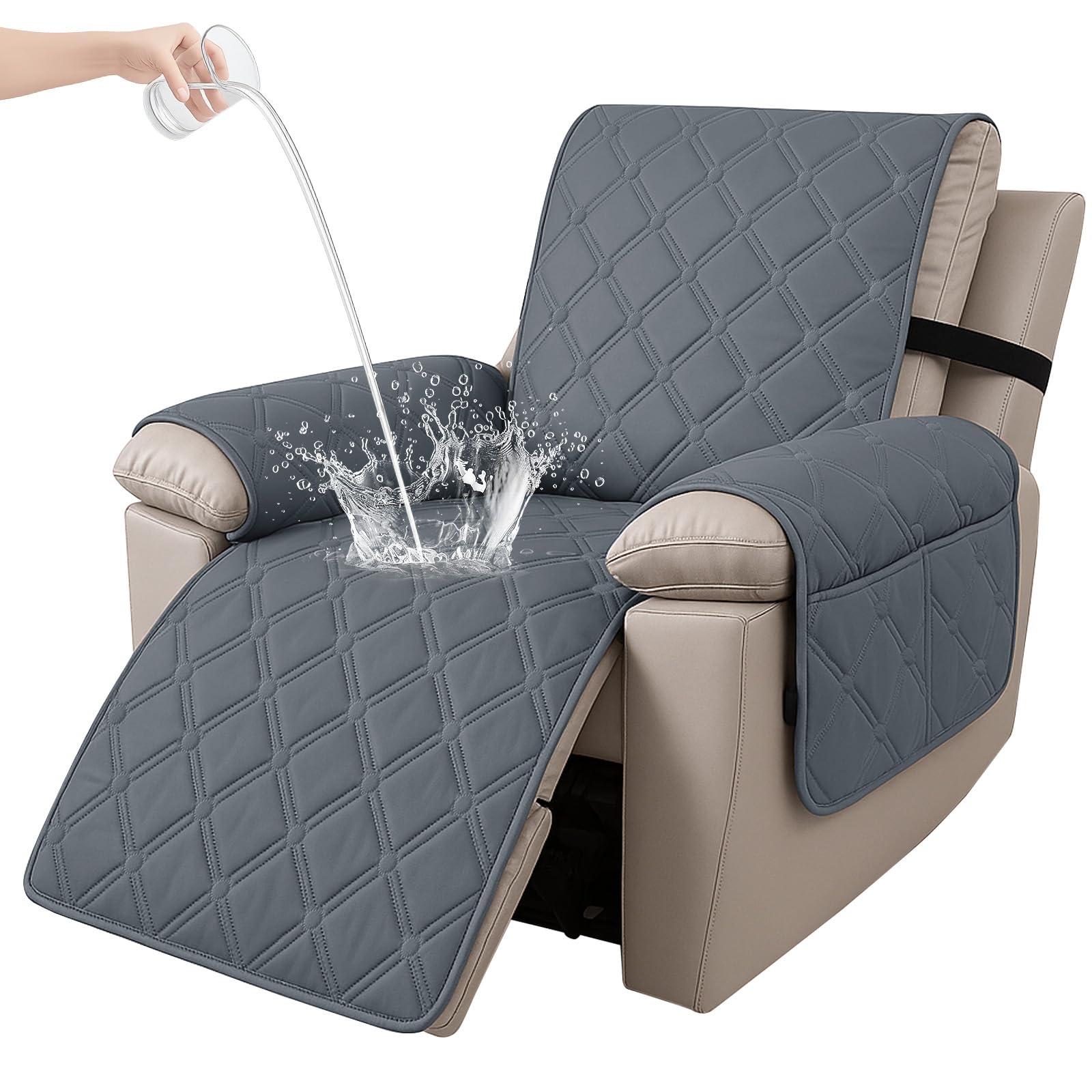 Ystyle Sesselschoner für Fernsehsessel, 100% Wasserdicht 1 Sitzer Sesselschoner mit Taschen Armlehne, rutschfest Sesselauflage Relaxsessel Anti-Rutsch Waschmaschinenfest, Dunkelgrau
