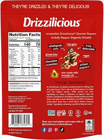 Drizzilicious Chocolaty Drizzled Cocoa Kettle Corn, Vegan, Gluten-Free, Non-GMO, with Chocolate Crunchies, 4.5 oz