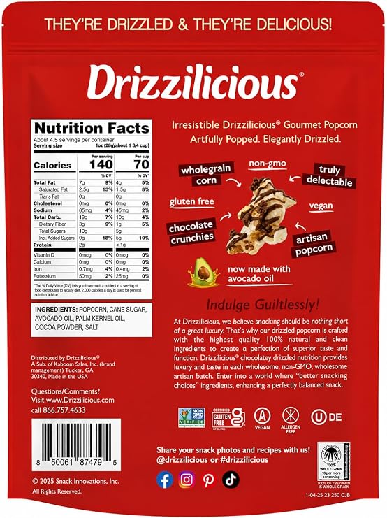 Drizzilicious Chocolaty Drizzled Cocoa Kettle Corn, Vegan, Gluten-Free, Non-GMO, with Chocolate Crunchies, 4.5 oz
