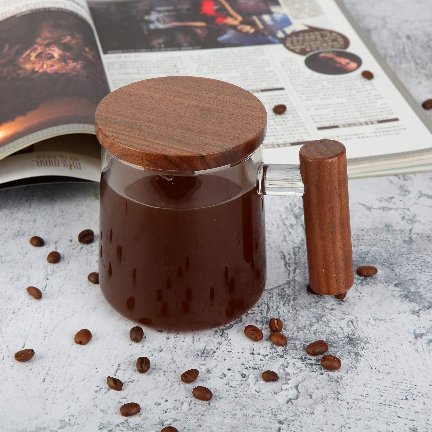 COMI Glass Coffee Mugs, Clear Coffee Mugs with Walnut Lid&Handle，Wide Mouth Extra Large Capacity Cup, Perfect for Latte, Mocha, Cappuccino, Tea and Juice, Microwave Safe(15oz/450ml)