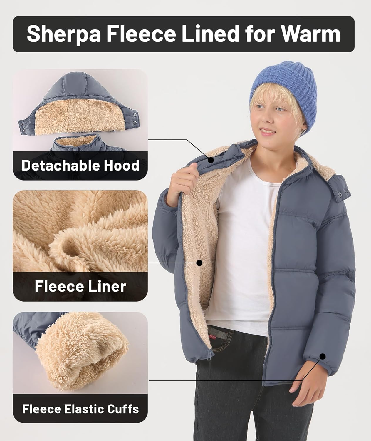 ZITY Boy's Winter Coat Thermal Puffer Jacket Warm Sherpa Fleece Lined Water-Resistant Zip Outerwear Coat with Detachable Hood - Image 3