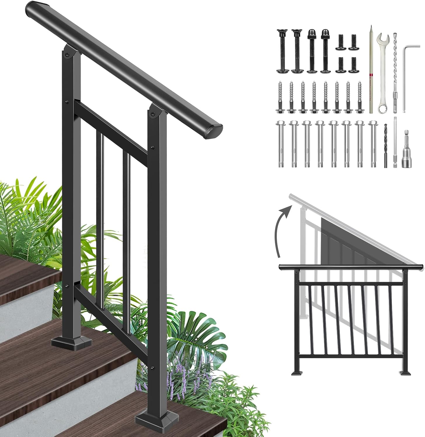 Adjustable Handrails for Outdoor Steps – Black Metal Stair Railing with Installation Kit, 2 Steps Handrail or Horizontal Use, Wrought Iron Hand Rails for Outdoor Steps