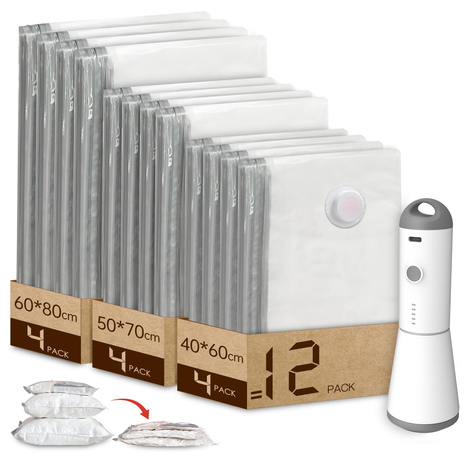 Vacbird Sacchetti Sottovuoto Vestiti con Pompa Sottovuoto Senza Fili, 12 Pezzi (4 Grandi, 4 Medi, 4 Piccoli), Riutilizzabile Buste Sottovuoto Vestiti per Vestiti, Piumini, Cuscini, Maglioni