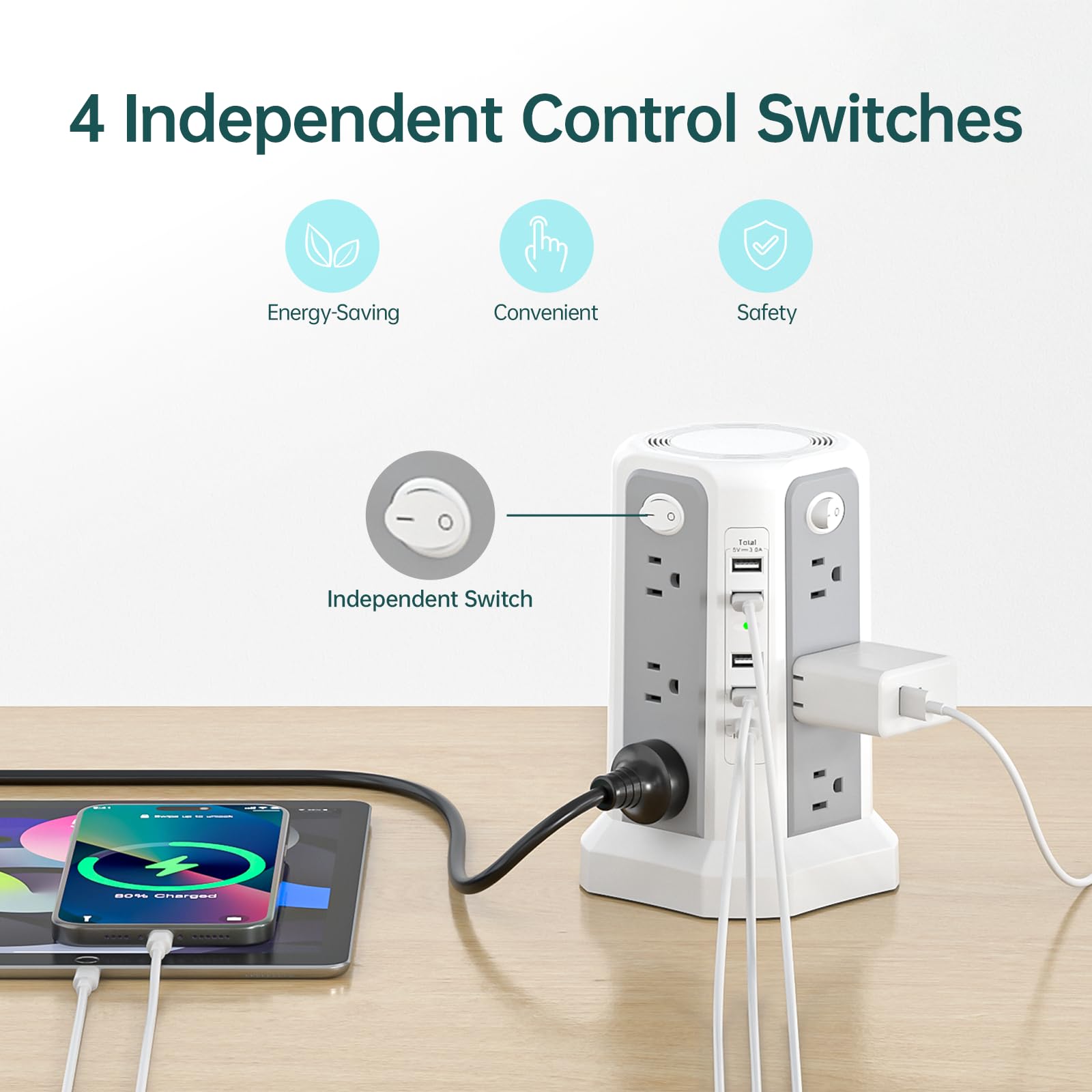 Multiprise multiprise 2 PS (4A1C avec port USB C PD18 W, 3 m) | Rallonge multiprise avec 5 ports de charge USB, tour d'alimentation pour maison, bureau, dortoir, gris blanc