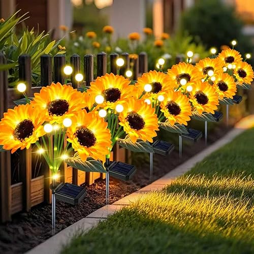Miniatura 10 de Luces solares con forma de girasol para jardín al aire libre, luces solares mejoradas con forma de girasol y luces de luciérnaga, impermeables