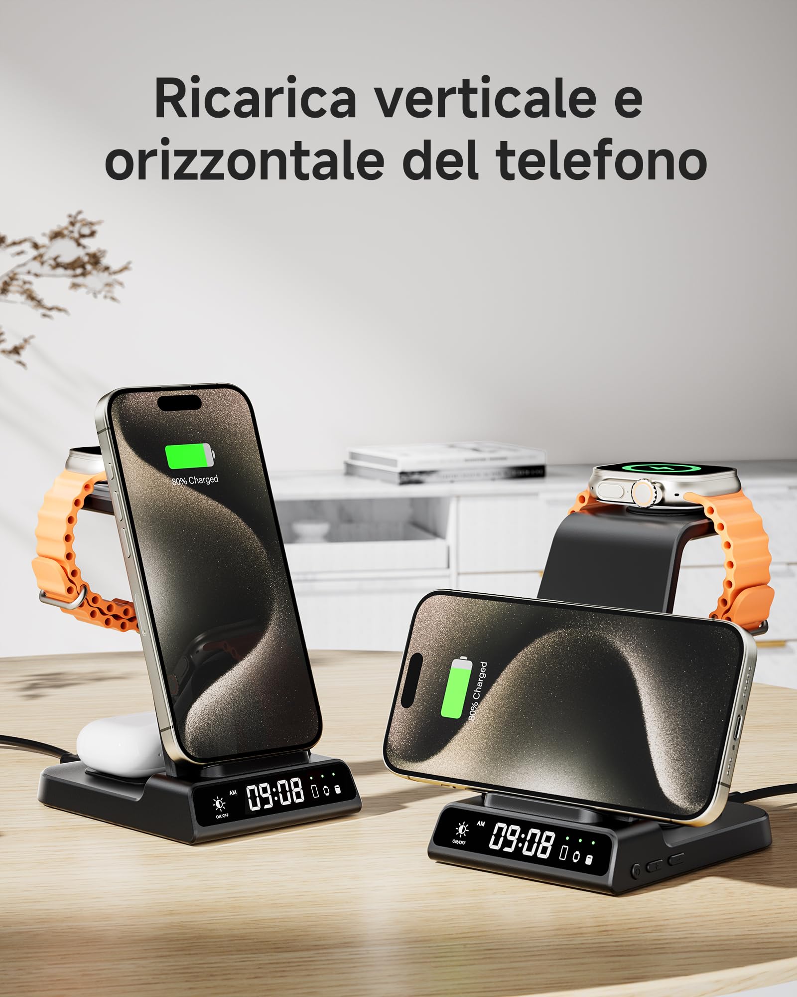 Stazione di ricarica per Apple, caricatore wireless 3 in 1 con orologio per iPhone 16/15/14/13/12/11/SE/XR/XS/X, supporto di ricarica per Apple Watch Ultra/9/8/7/6, AirPods Pro/4/3 (Senza Adattatore)
