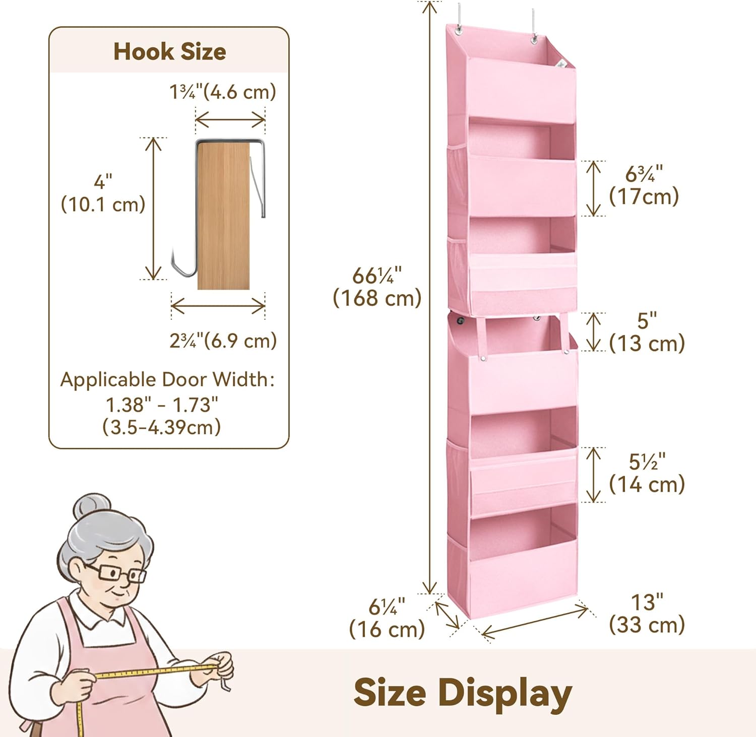 GRANNY SAYS Over The Door Organizer, 6-Shelf Detachable Behind the Door Storage with 8 Pockets, Waterproof Anti Tilt 40lb Large Capacity Hanging Shelf for Nursery, Bedroom, Kids Room, Pink