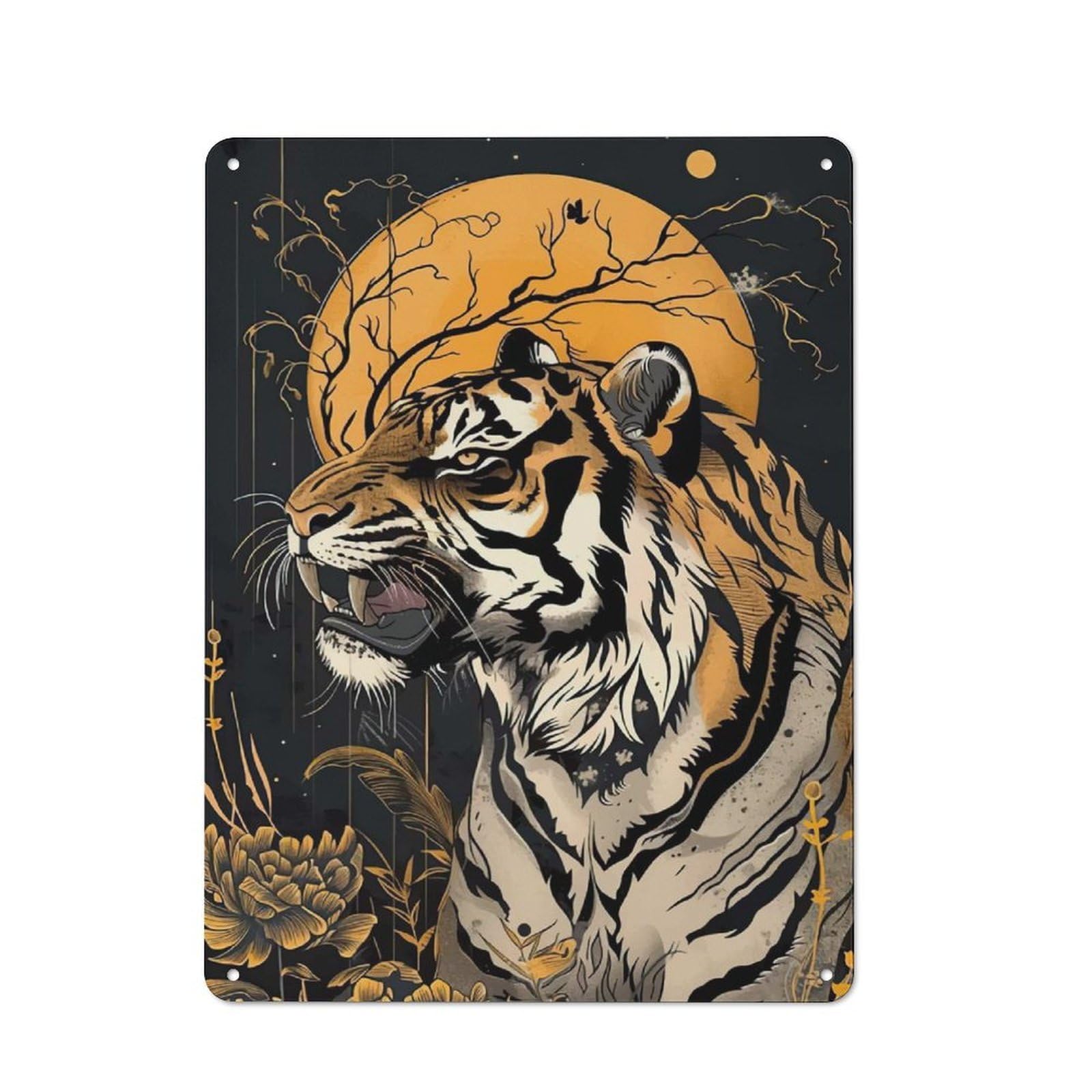 Junmoney Tiger Under The Moon Printed Metal Sign 40X30cm For Hobby Room Or Studio, Gift Idea At Christmas For Creative Interior Collectors