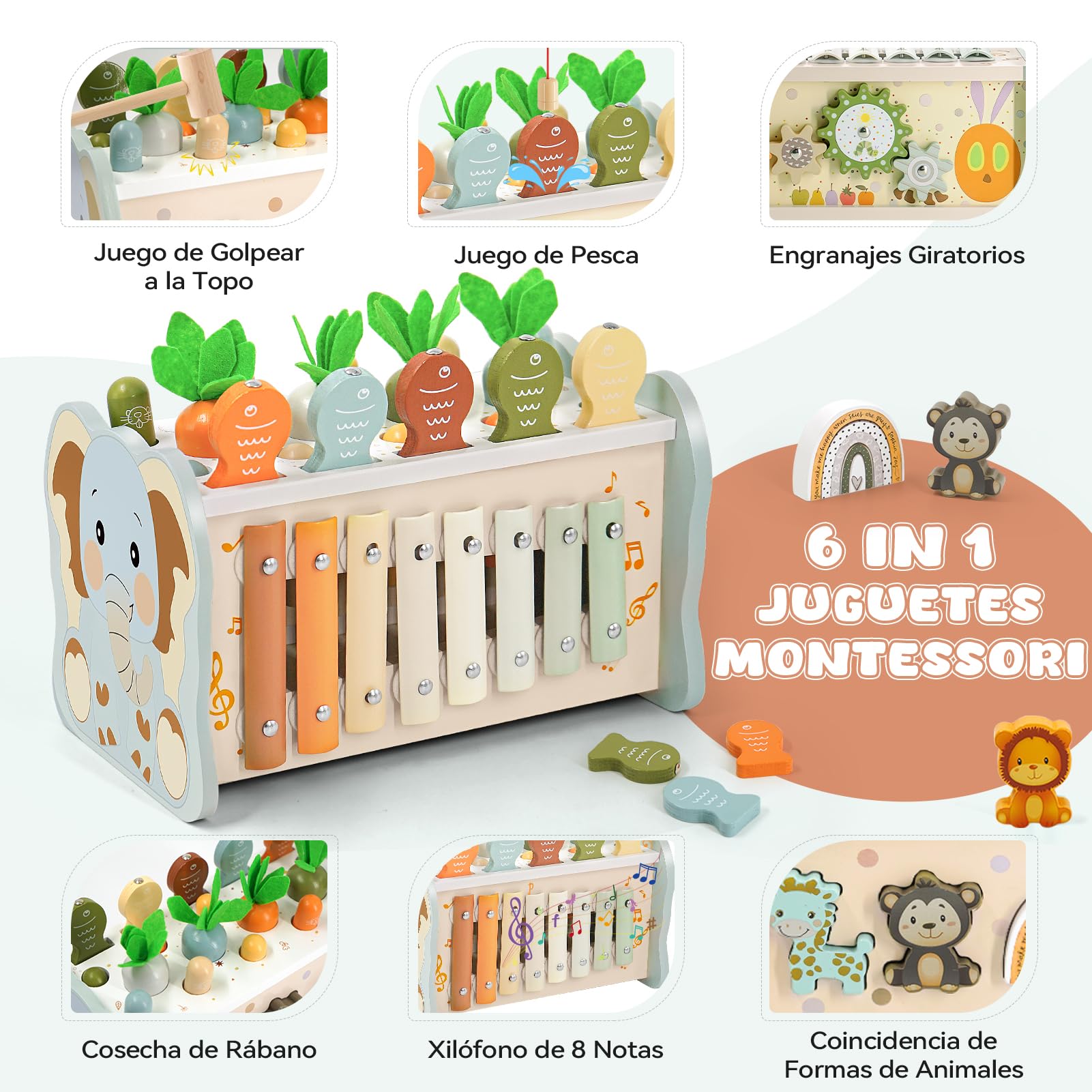 Juguetes Montessori 1 Años, 6 en 1 Juguetes Niños 1 Año, Juguetes Madera con Martillo, Xilofono Bebe, Juego de Pesca, Juegos Sensoriales Educativos Regalo Niño Niña 1 2 3 Años Cumpleaños Navidad