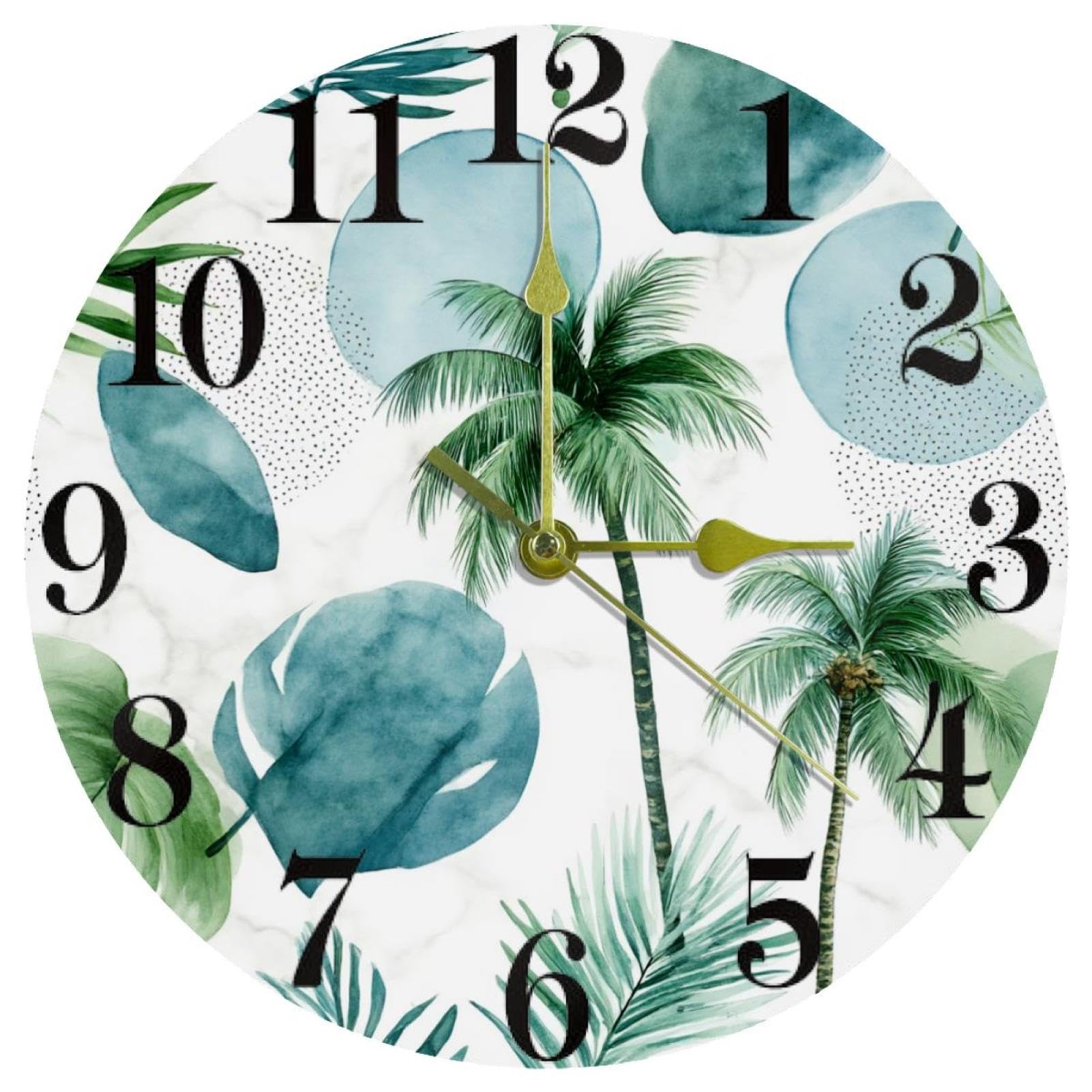 Horloge murale ronde à quartz avec motif de palmiers sur marbre bleu