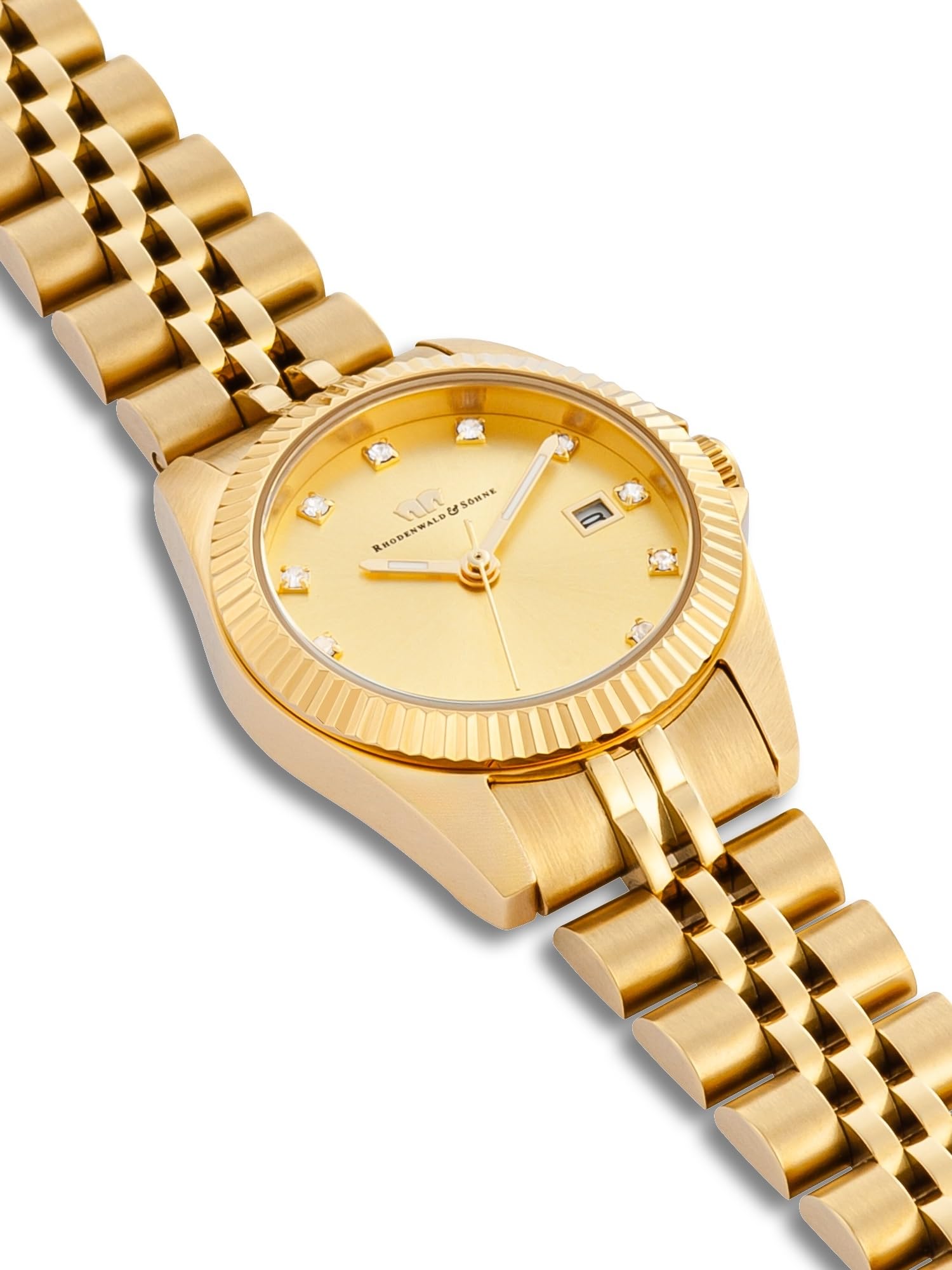 Rhodenwald & Söhne Damen Uhr analog Quarzwerk 5 ATM mit Edelstahl Glieder-Armband Gelbgold verziert mit Kristallen - Armbanduhr Frauen 10010492
