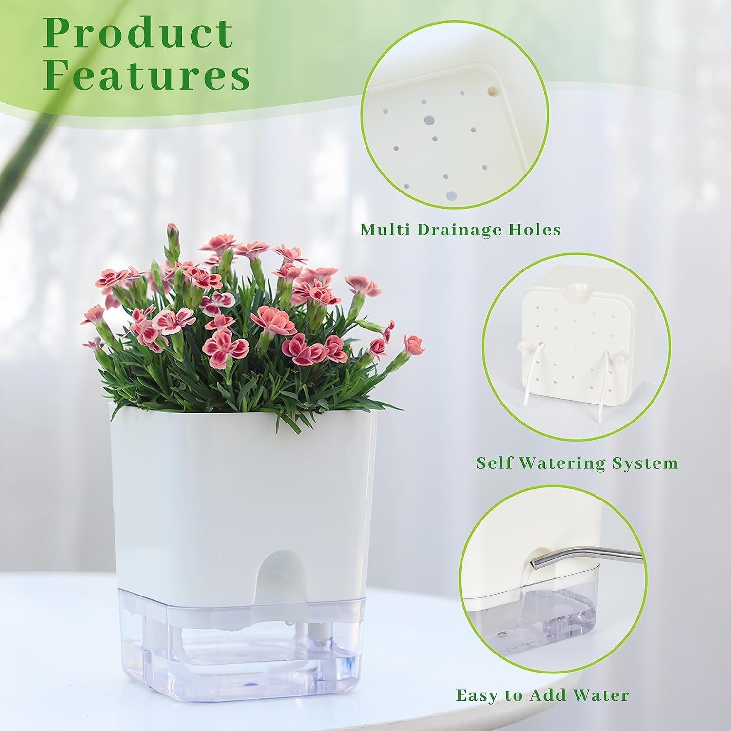 FAMZ Self Watering Pots for Indoor Plants 4 Pack White Self Watering Planters with Water Reservoir and Cotton Wick System, Bottom Watering Plant Pots for African Violet Herbs Small Indoor Plants image 5