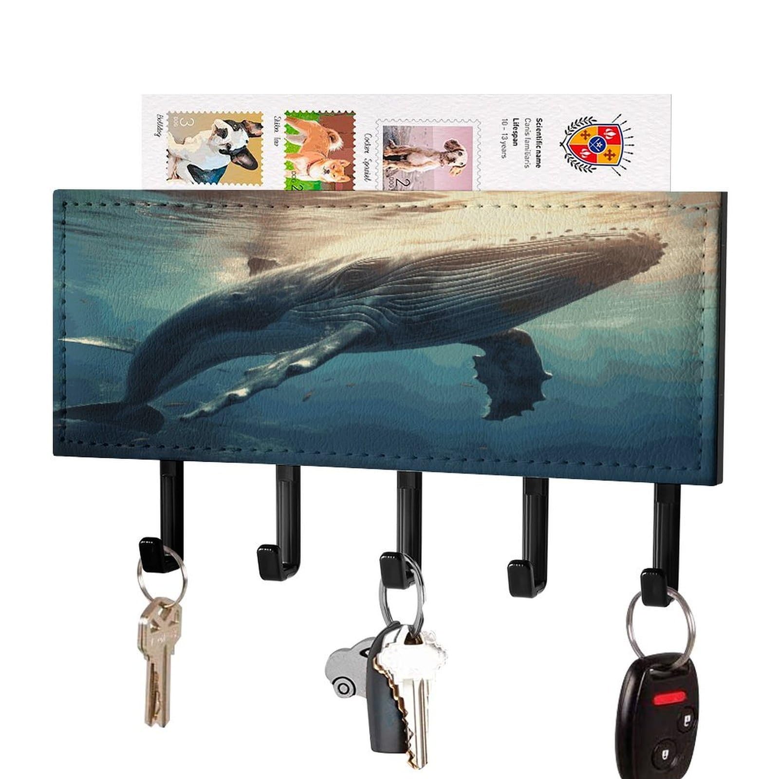MUSM Whale Above Sea Water Key Holder for Wall,Mail Organizer Wall Mount with 5 Hooks,Easy Installation Key Rack for Home Decor, Hallway, Entryway, Appartment