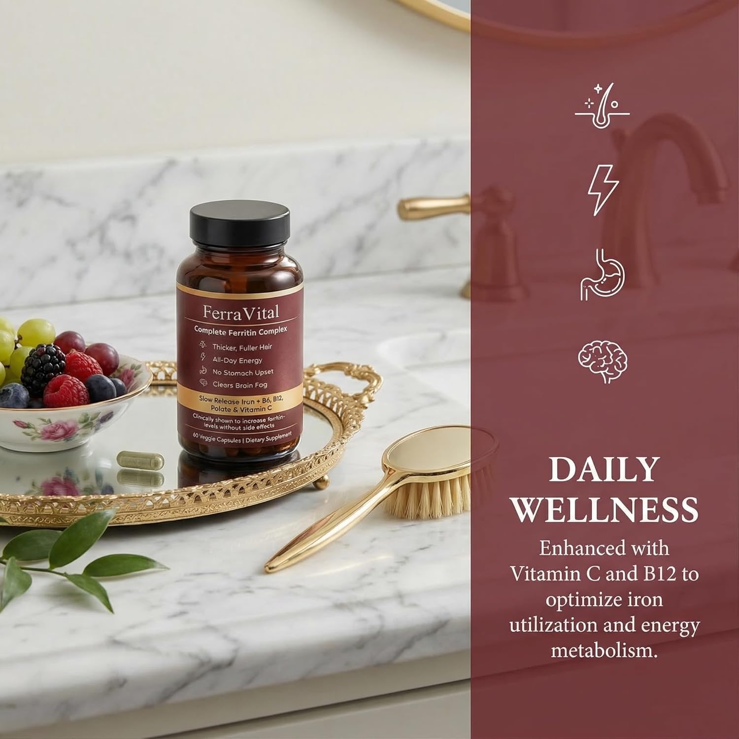 Ferravital Ferritin Support, Ferritin Supplement for Women, Daily Iron Supplement with Iron Bisglycinate Lactoferrin Vitamin C B12, Gluten Free & Non-GMO, 60 Capsules (A)