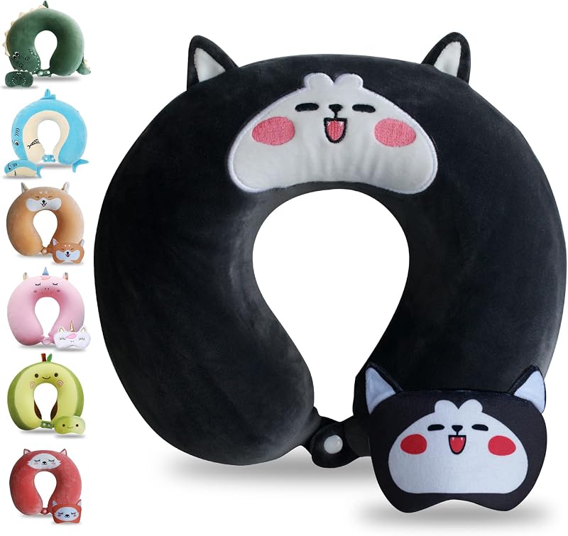 Cartoon Headrest & Neck Pillow for Kids Boys & Girls, Teens, Travel Accessories for Airplane, Car, Recline, Memory Foam Cute Travel Pillow with Sleep Eye Mask - Husky