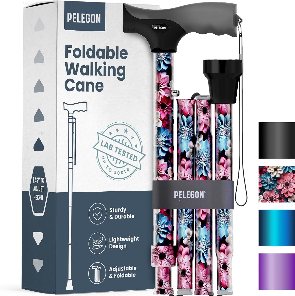 Bastón plegable para hombres y mujeres, bastón plegable ligero, altura ajustable de 32 a 37 pulgadas, mango antideslizante y punta de goma, bastón plegable probado para soportar 300 lb - azul