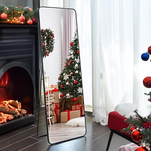 NARCISSUS Espejo arqueado de longitud completa de 64 x 21 pulgadas, espejo de longitud completa para colgar o inclinar, espejo de piso negro con