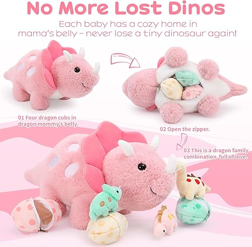Miniatura 7 de Karister Juguetes de dinosaurio rosa de 17.6 pulgadas para niñas, animal de peluche mamá dinosaurio con 3 dinosaurios bebés de peluche (Triceratops,