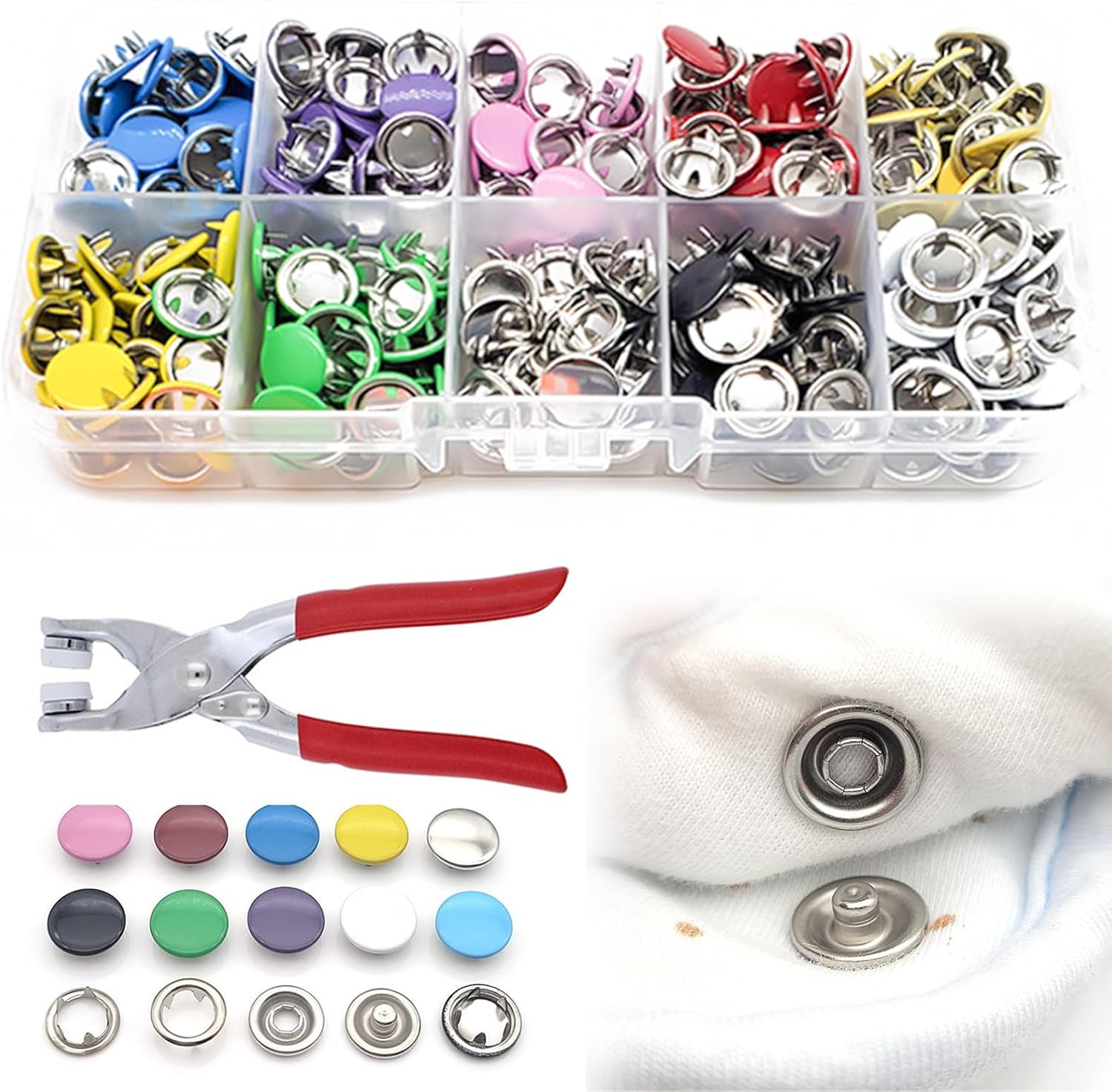 100 PCS Snap Button Fastener Kit, 9.5mm Metal Press Stud Tool Snap Fasteners with Pressure Pliers 10 Colour Poppers Fasteners No Sewing for Handmad Crafting