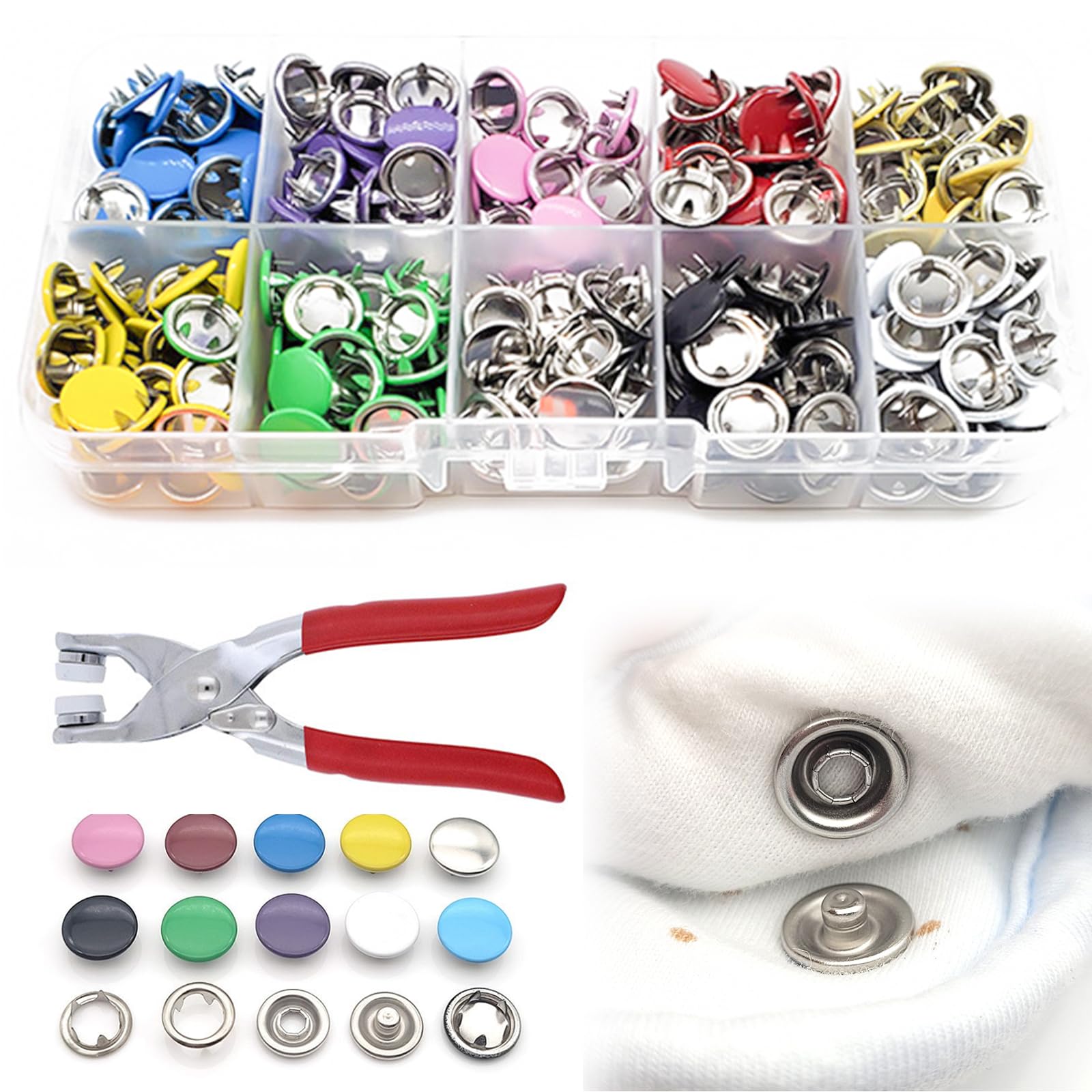 Dhswnng Colorful 100 Pcs Snap Button Fastener Kit, 9.5Mm Metal Press Stud Tool Snap Fasteners With Pressure Pliers 10 Colour Poppers Fasteners No Sewing For Handmad Crafting