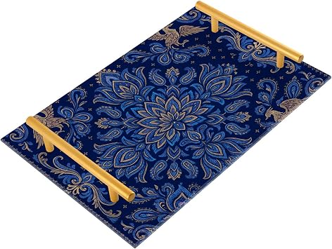 Bathroom Vanity Tray Counter Organizer, Paisley Blue Black Decorative Tray with Handles Countertop Storage for Bathroom Bedroom Kitchen Home Farmhouse