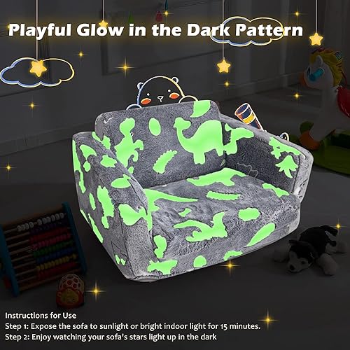 Miniatura 6 de Asou Sofá infantil que brilla en la oscuridad, sofá plegable para jugar, mini sofá de dinosaurio para niños pequeños