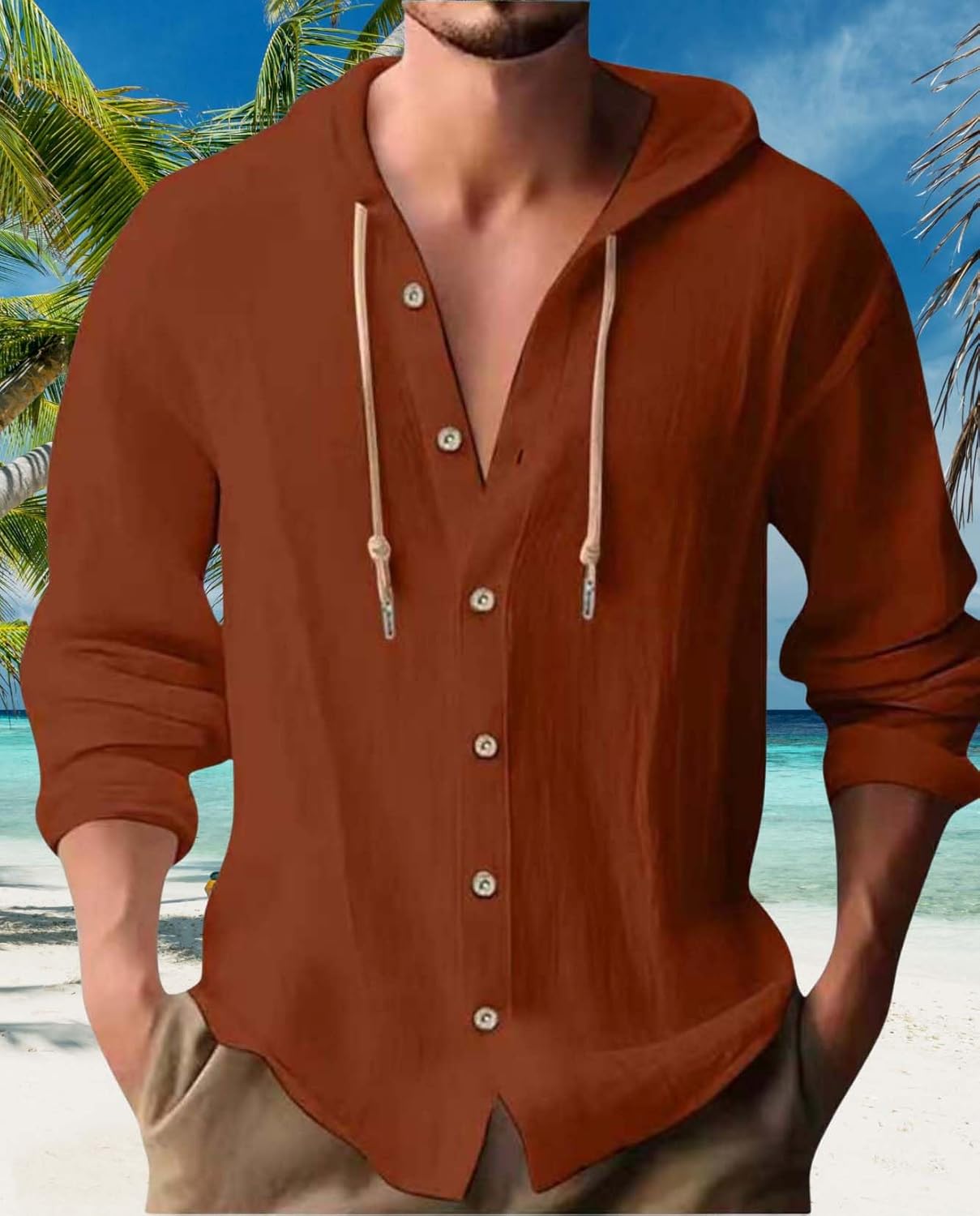 Linen Hoodie Shirt for Men Long Sleeve Button Down Loose Lightweight Beach Vacation Shirts Top - Image 2