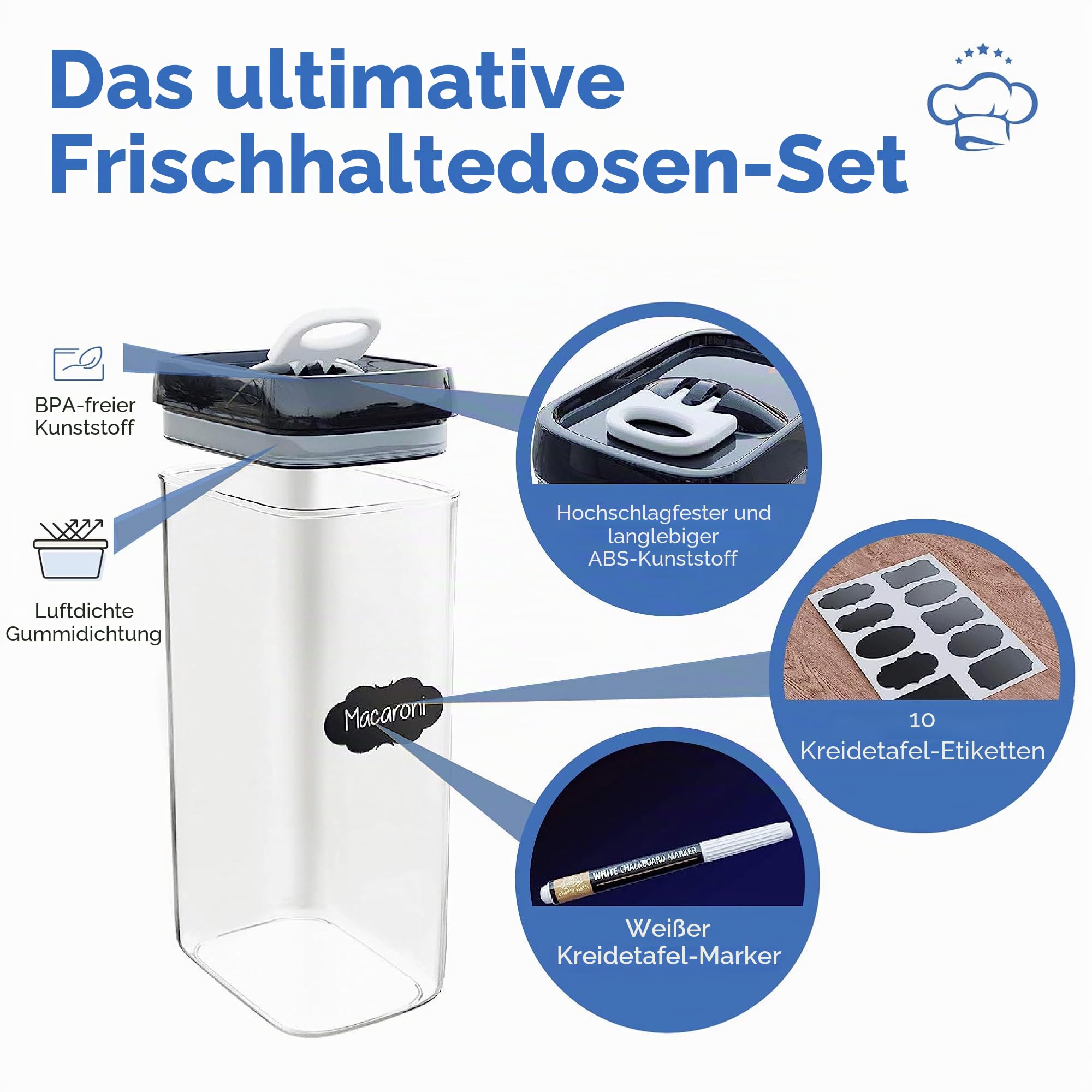Chef's Path | Vorratsdosen Set aus 4 Frischhaltedosen mit Deckel | Ideal als Vorratsbehälter, Aufbewahrungsbox Küche, Vorratsbehälter, Vorratsdose, Vorratsdosen Luftdicht (3.2 L X 4)