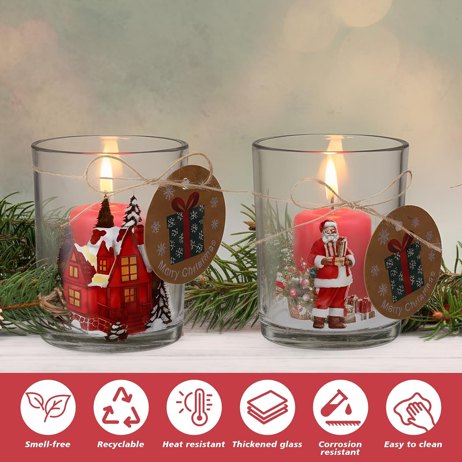 Potchen 12 Pack Clear Candle Jars for Making Candles 7 oz Empty Glass Jars with Wood Lid and Holiday Card Candle Container for DIY Gifts Storing Biscuits Home Tea Party Favors Decor(Santa Claus)