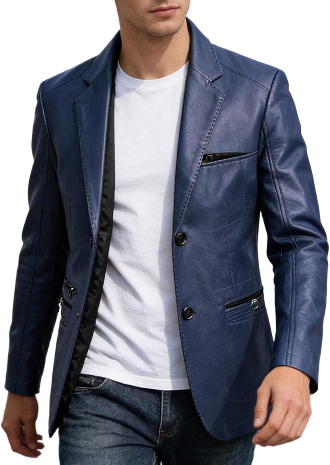 Maiyifu-GJ Faux Leather Motorcycle Jacket for Men Casual Lapel Zip-Up Slim Biker Coat Outerwear