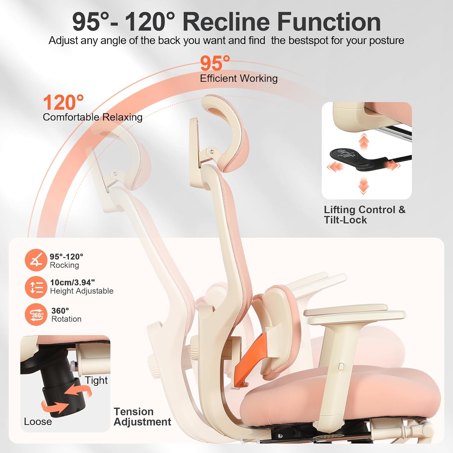 Ergonomic Office Chair with Footrest, Mesh Desk Chair with Adjustable Headrest & Armrests & Dynamic Floating Wing Lumbar Support, High Back Computer Chair for Home Office, BIFMA Certified, Pink