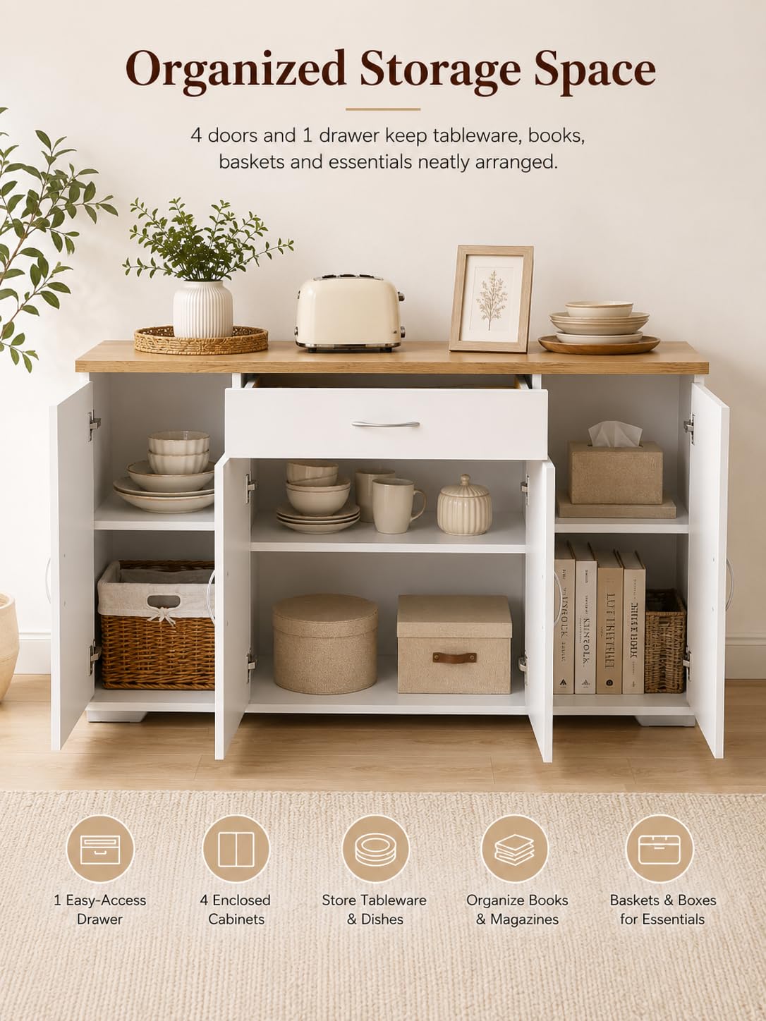 Hitsuki Credenza Sala da Pranzo Bianca con 4 Ante e 1 Cassetto 110×30×70cm | Credenza con 4 ante e 1 cassetto, spazio pratico per organizzare stoviglie, posate e accessori nella sala da pranzo