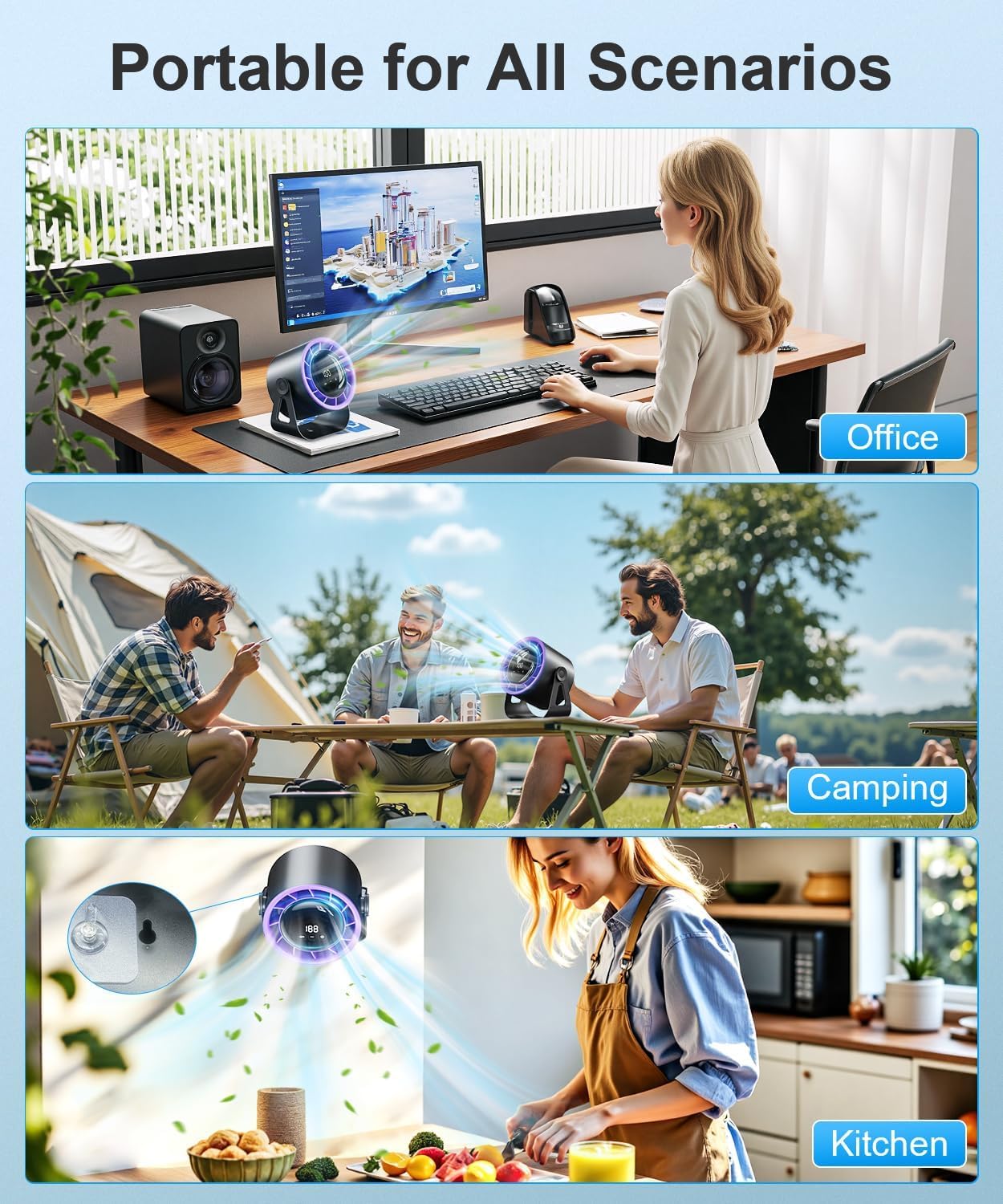 Macchiatto Tischventilator USB mit Akku, Leiser Mini Ventilator, 4 Geschwindigkeiten, 360° Verstellbar, Wiederaufladbar